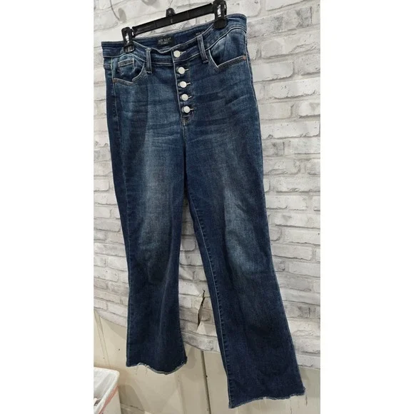 Judy Blue Jeans 13/31 Blue Dark High Rise Wide Leg Button Fly Denim Frayed Hem - Picture 10 of 13
